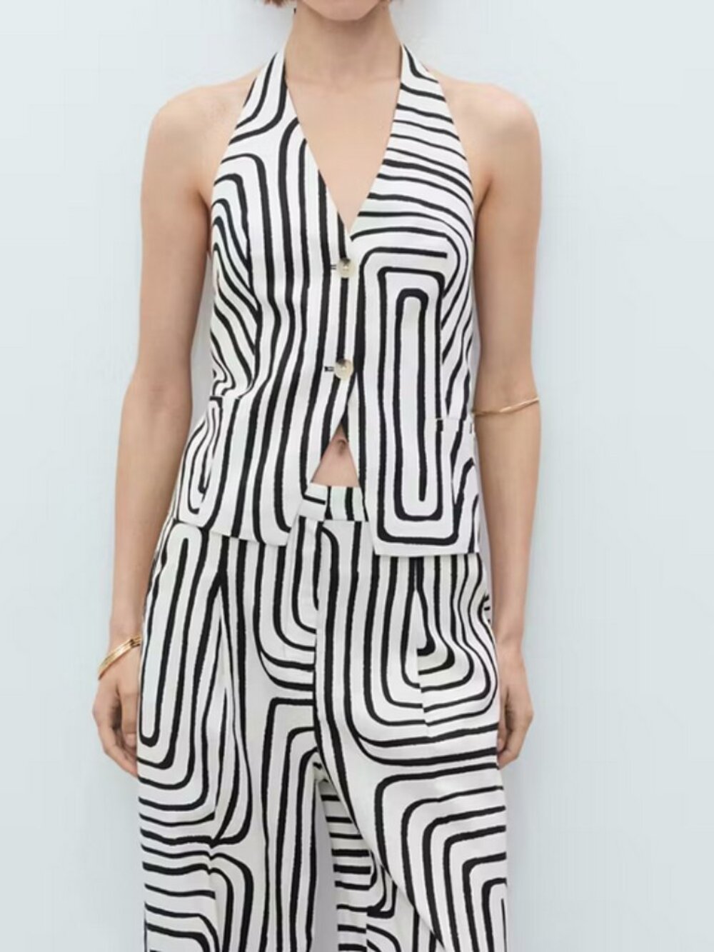 MANGO Women's Black and White Geometric Stripe Print Linen Vest Medium NEW TAGS
